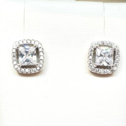 Sterling Silver Square Wtih Clear Cubic Zirconia Stud Earring